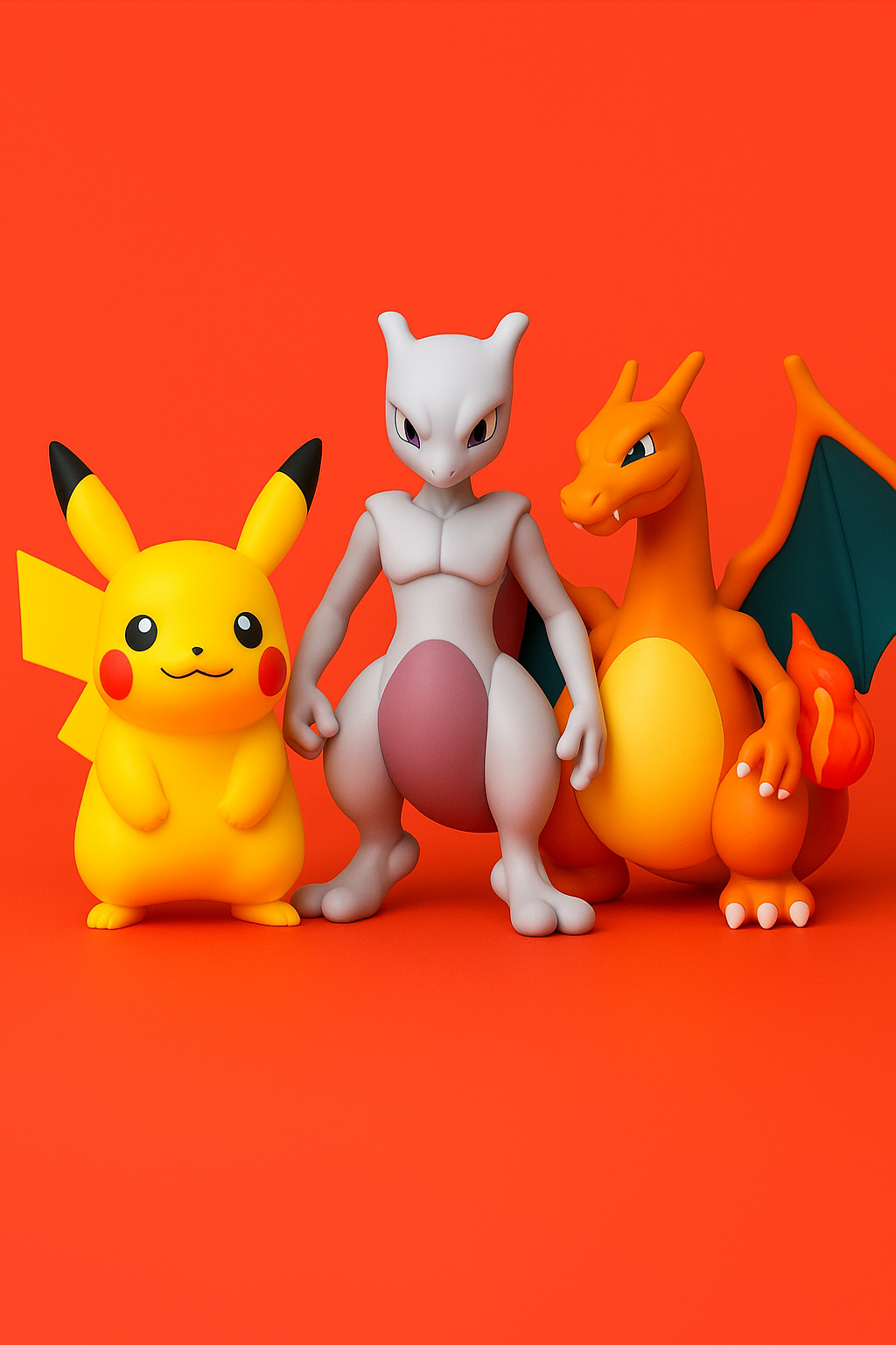 Figurines 3D de Pikachu, Mewtwo et Dracaufeu sur fond orange