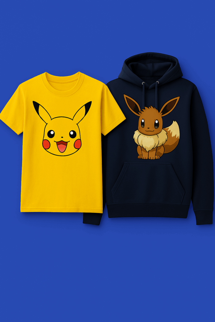 T-shirt jaune avec Pikachu et sweat à capuche bleu marine avec Évoli sur fond bleu